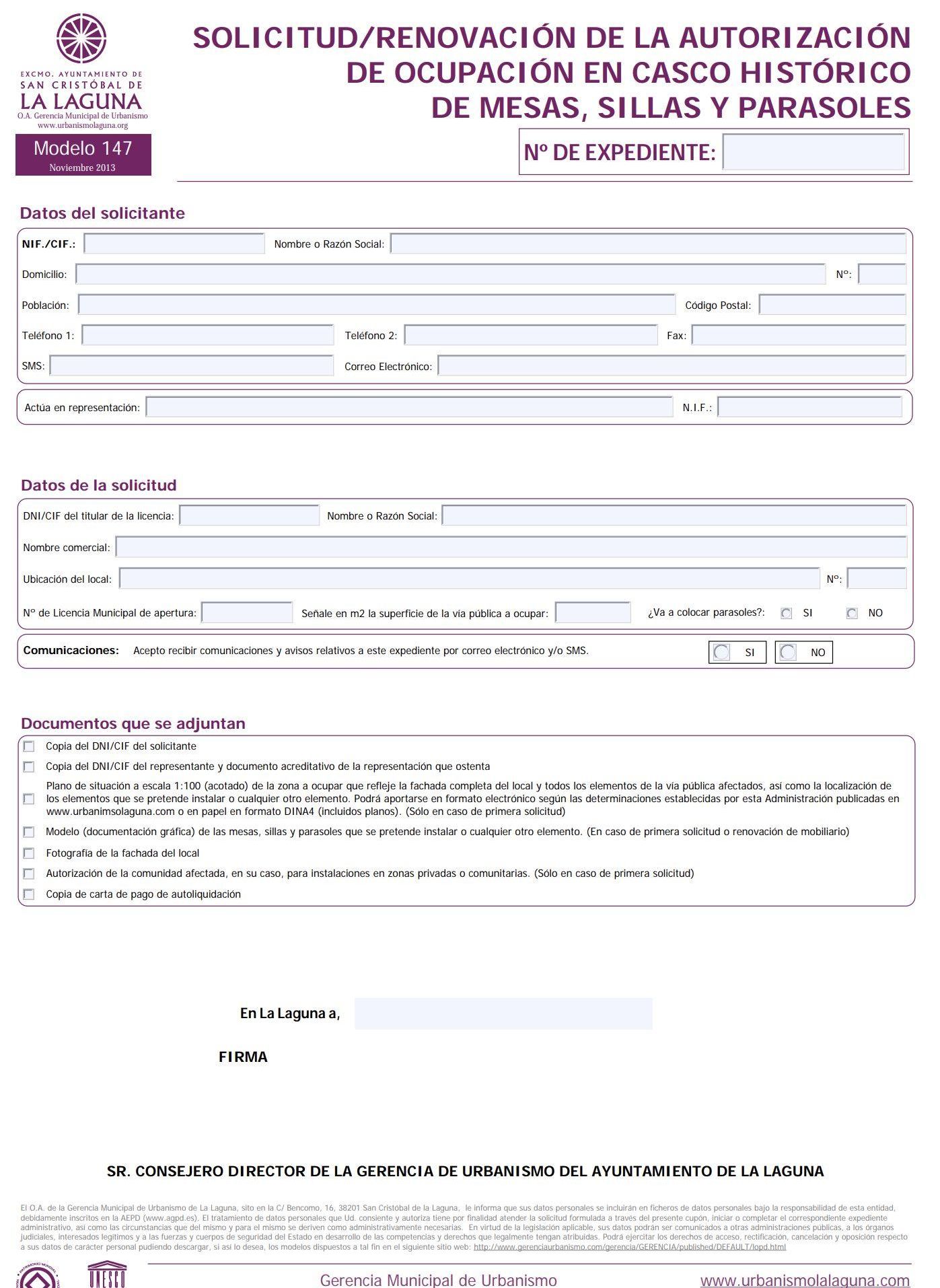 Solicitud o renovación de la autorización de ocupación en casco histórico de mesas, sillas y parasoles en La Laguna