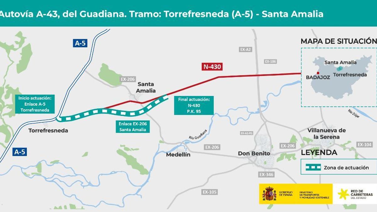 Trazado de la autovía A-43 entre Torrefresneda y Santa Amalia, en Badajoz