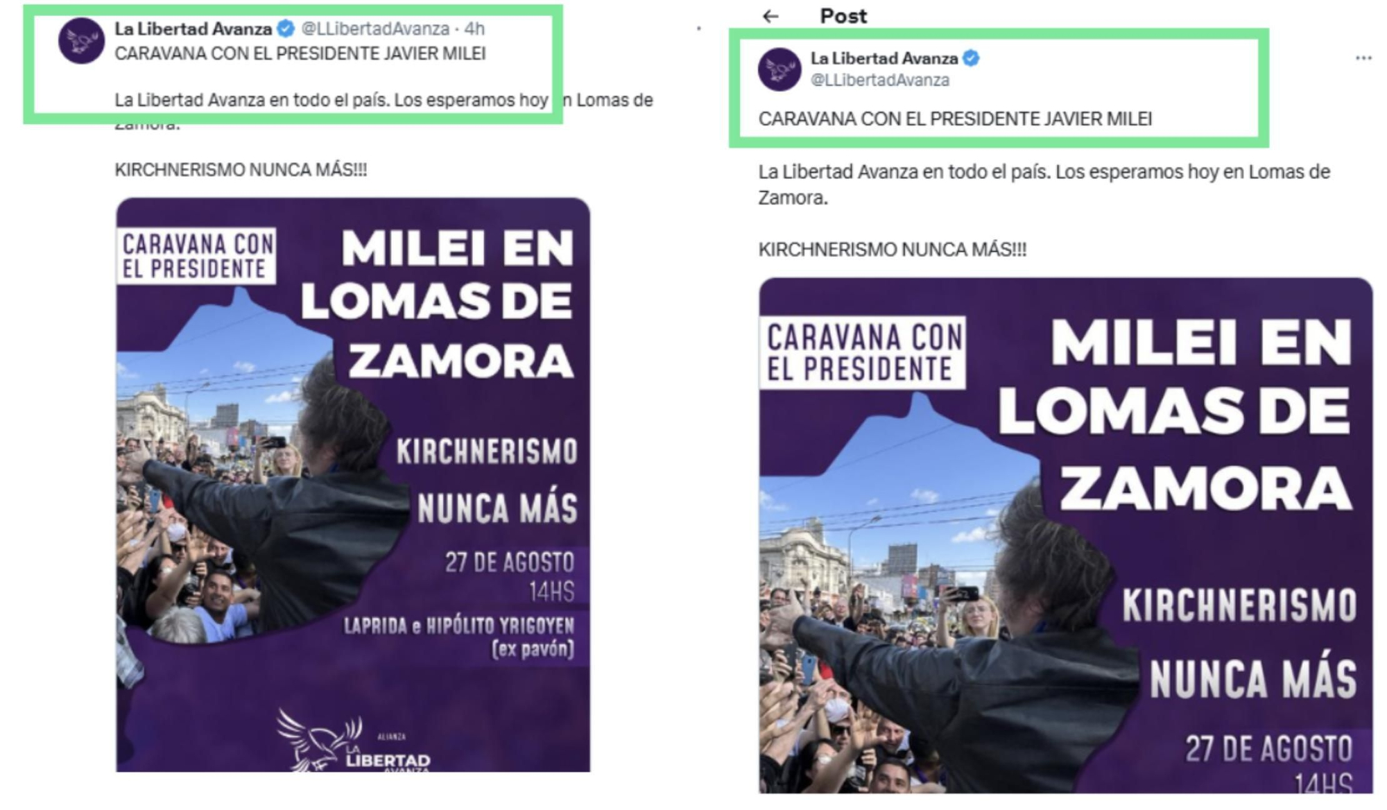A la izquierda, un tuit de @LLibertadAvanza visto desde el feed del usuario; a la derecha, el mismo tuit visto en detalle. Allí se ve cómo los textos y los avatares se sitúan en lugares distintos.