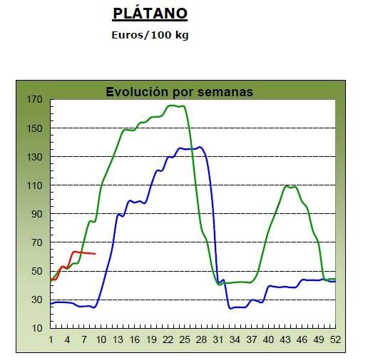 Evolución de los precios medios percibidos por el platanero canario en 2024 (marca azul), 2025 (verde) y 2026 (roja, hasta la semana nueve). Fuente: MAPA.