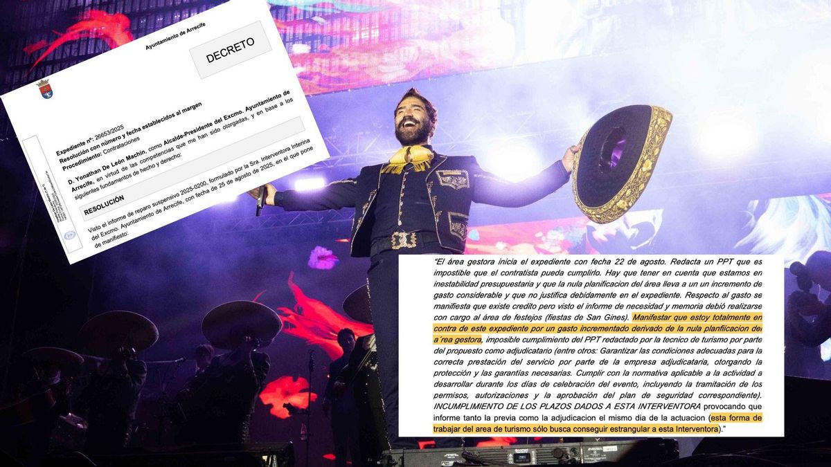 Alejandro Fernández durante su concierto en Arrecife y fragmentos del reparo de la intervención municipal.