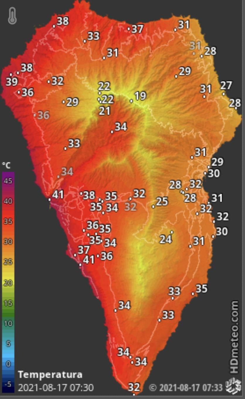 Mapa de HD Meteo La Palma donde se indica la temperatura que, a las  07.30 horas de este martes, 17 de agosto, se registraba en distintos puntos de La Palma.