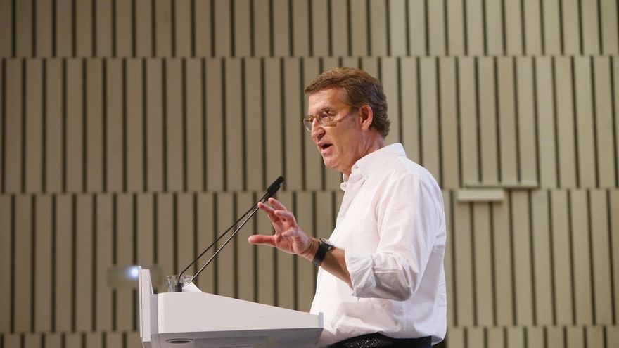 El presidente del PP, Alberto Núñez Feijoó , en el acto electoral de campaña para los comicios autonómicos del próximo día 19 a 11 de junio del 2022 en Córdoba (Andalucía, España).