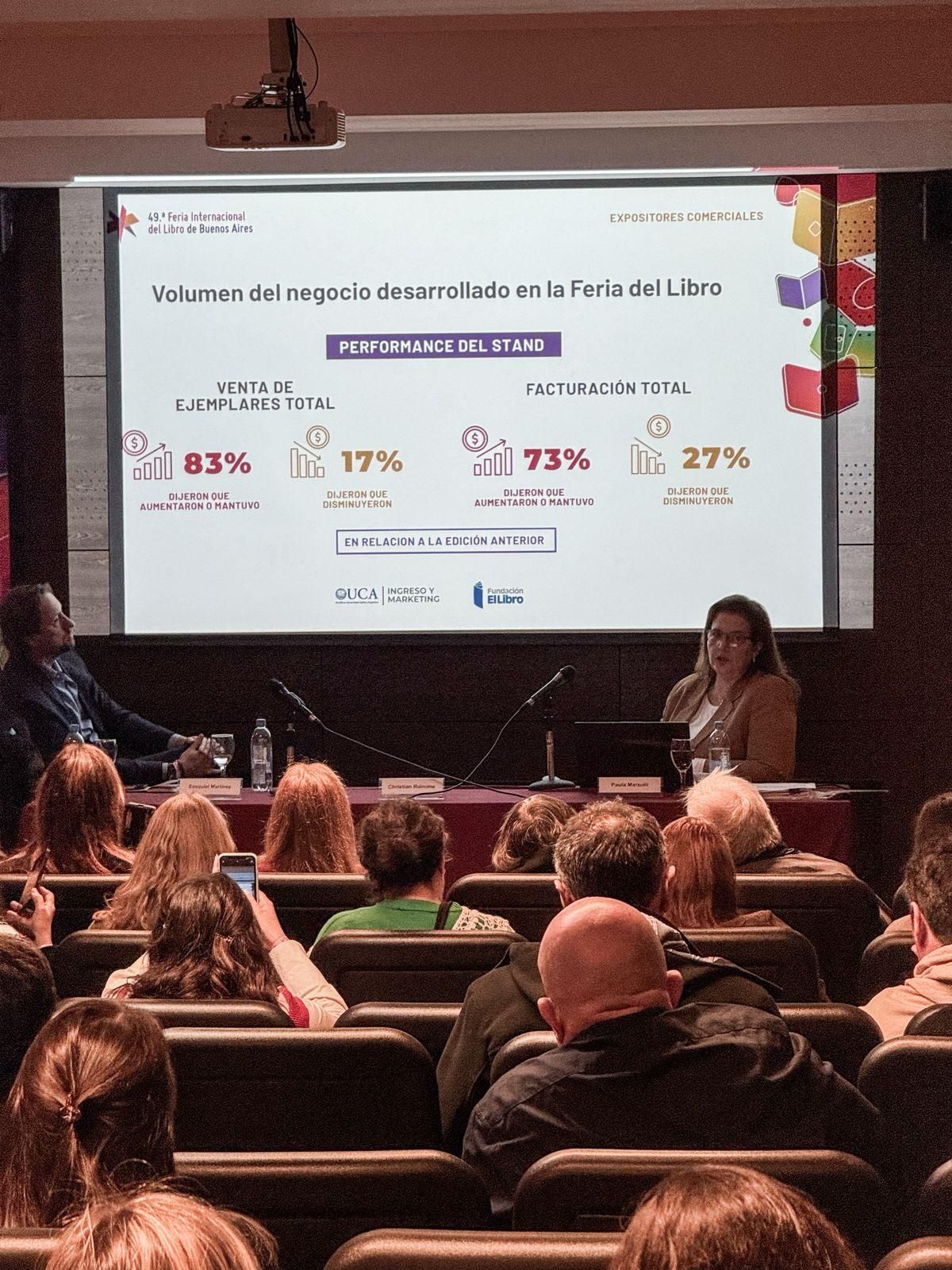 Christian Rainone, presidente de la Fundación El Libro y Paula Marzulli, de la Universidad Católica Argentina, durante la exposición de los números de la Feria del Libro ante la prensa.