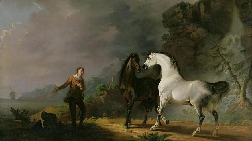 Gulliver dirigiéndose a los houyhnhnms, del pintor inglés Sawrey Gilpin (1733 - 1807)