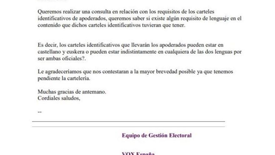 Mensaje enviado por Vox a la Junta Electoral