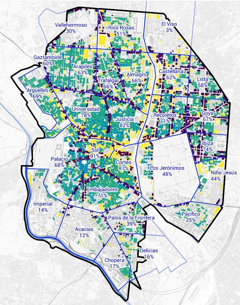 Porcentaje de viviendas con protección que podrían transformarse en alojamientos turísticos, por barrios
