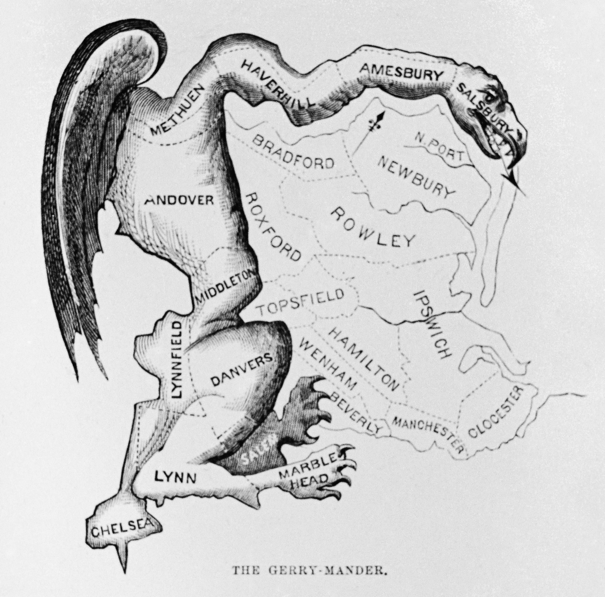 El término 'gerrymander' proviene de una caricatura de Gilbert Stuart que muestra un distrito electoral de Massachusetts distorsionado de forma irracional. Stuart pensaba que la forma del distrito se asemejaba a una salamandra, pero su amigo, quien le mostró el mapa original, lo bautizó como 'Gerry-mander' en referencia al gobernador de Massachusetts, Elbridge Gerry, quien aprobó la modificación de los límites de los distritos para obtener ventajas políticas.