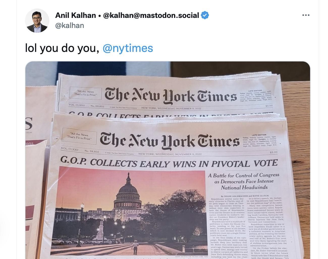 Primera edición de The New York Times del 9 de noviembre.