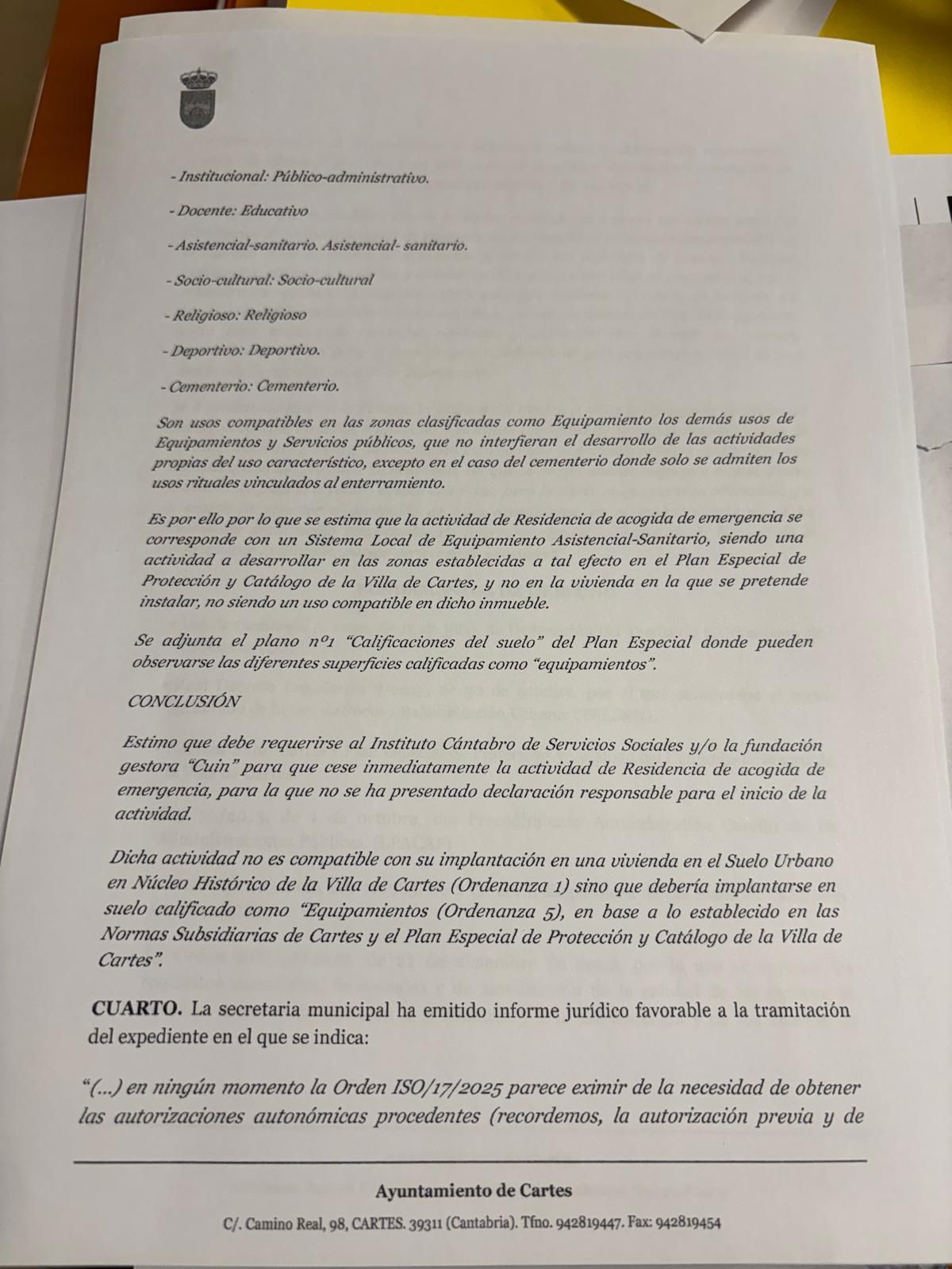 Conclusión de la notificación del Ayuntamiento de Cartes para paralizar el centro de acogida.