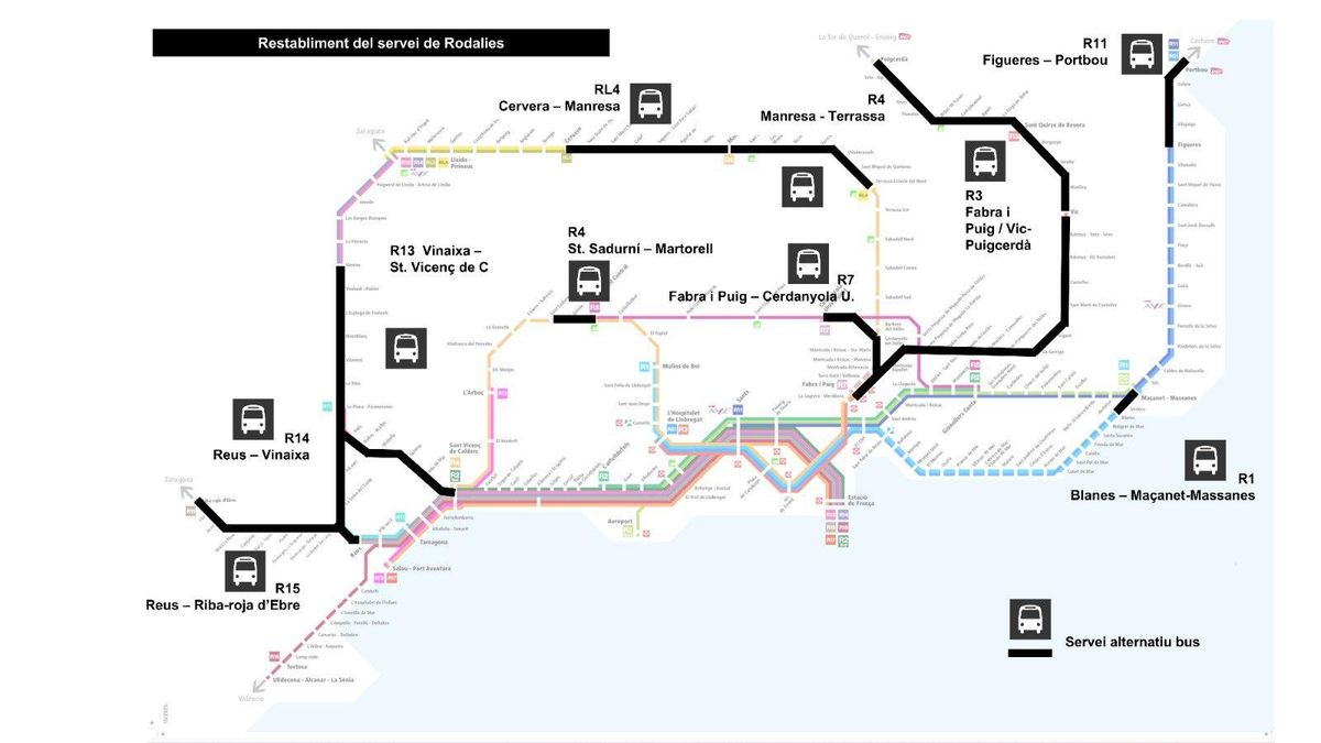 El mapa del restablecimiento del servicio de Rodalies