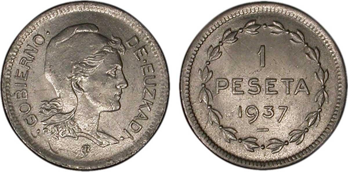 Moneda de una peseta del Gobierno de Euzkadi, emitida en 1937, durante la Guerra Civil