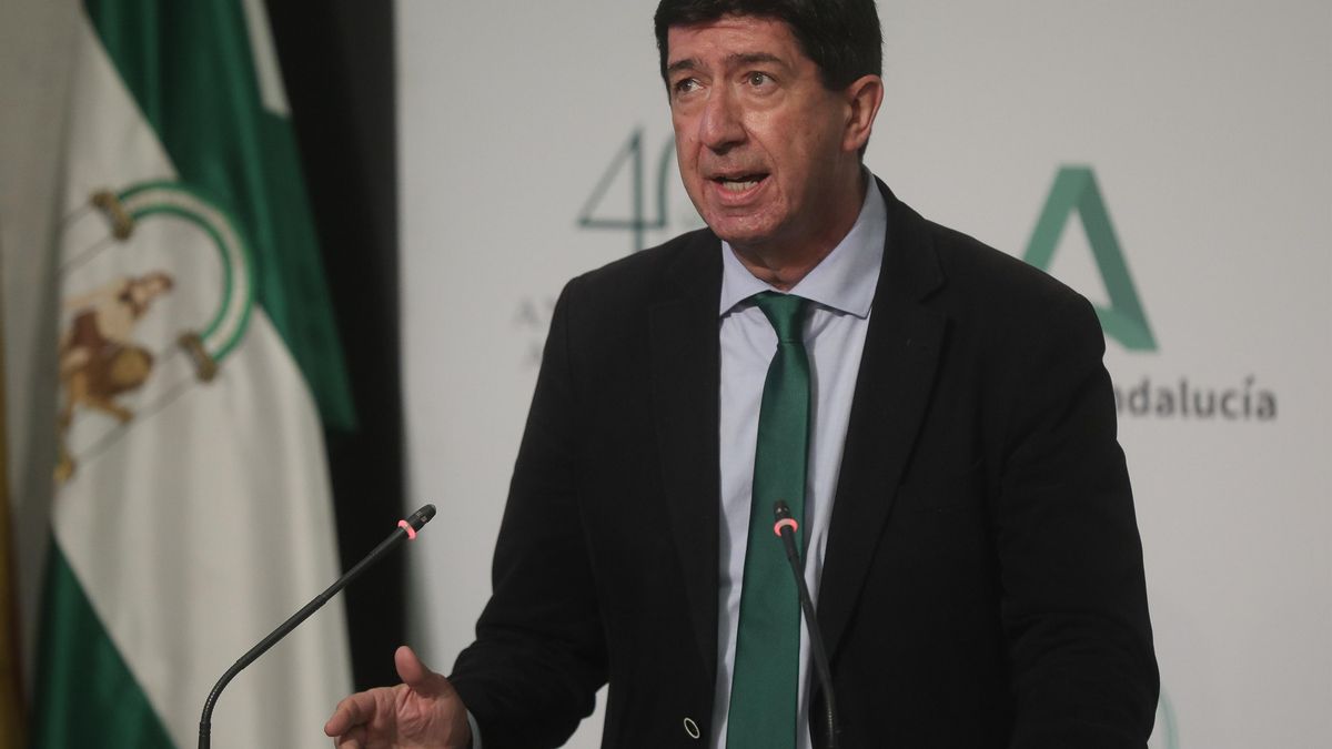El vicepresidente de la Junta y consejero, Juan Marín, este martes en la rueda de prensa del Consejo de Gobierno.