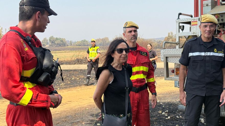 La ministra de Defensa, Margarita Robles, recorre este sábado algunos de los puntos afectados por los incendios forestales en Ayóo de Vidriales (Zamora). "Son ustedes un orgullo", ha asegurado Robles ante los militares que consiguieron evitar la entrada del fuego de Molezuelas de la Carballeda en la localidad zamorana, en una visita en la que ha estado acompañada por el general jefe de la UME, ha informado la Subdelegación del Gobierno de Zamora. EFE/ Subdelegación Del Gobierno SOLO USO EDITORIAL SOLO DISPONIBLE PARA ILUSTRAR LA NOTICIA QUE ACOMPAÑA (CRÉDITO OBLIGATORIO)