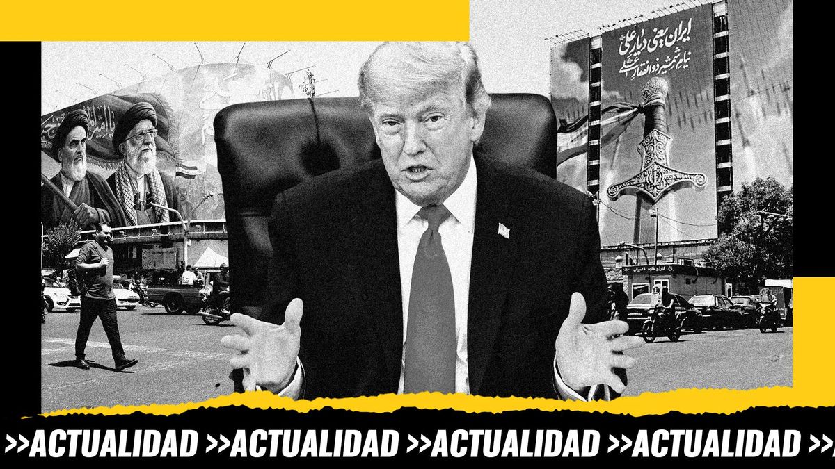 Montaje: Trump en el despacho Oval frente a dos fotografías de calles iraníes