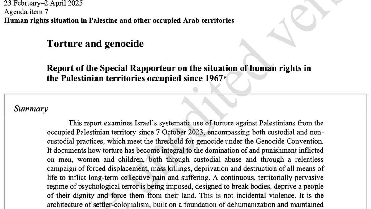Extracto del nuevo informe de la relatora de la ONU, sobre la tortura y el genocidio contra el pueblo palestino