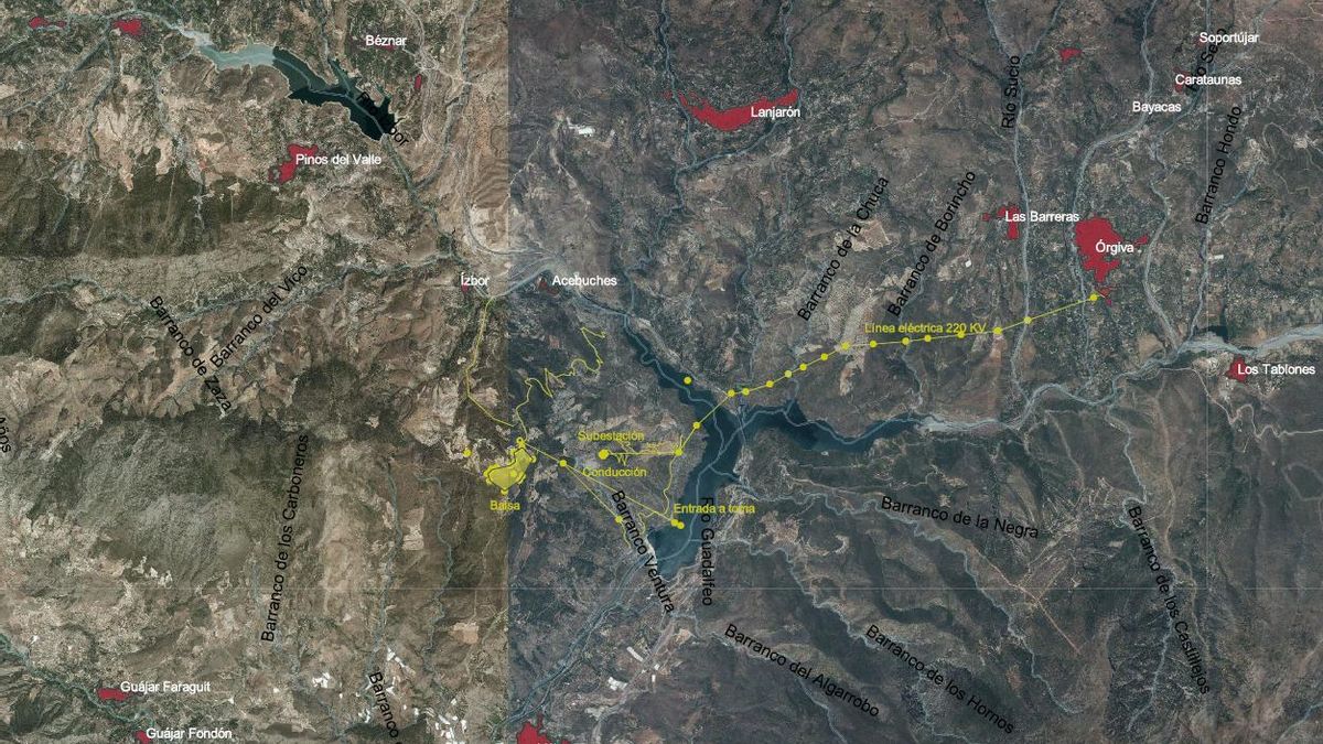 En amarillo, la infraestructura asociada a la central de Villar Mir Energía en la presa de Rules
