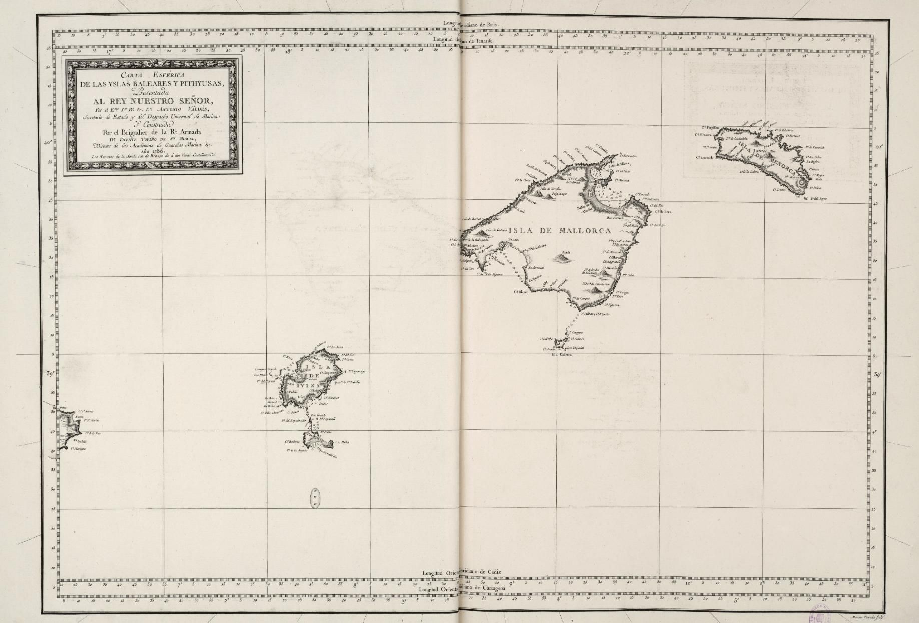 Mapa general de las “Yslas Baleares y Pythiusas’, las costas de la infancia de Felip Bauzà antes de ingresar en la Escuela de Pilotos de Cartagena.