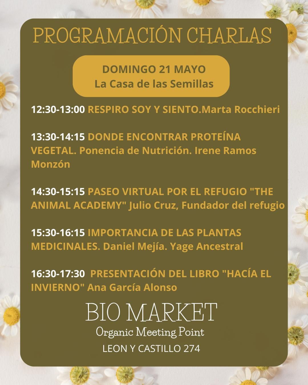 Programación de las charlas previstas este domingo, 21 de mayo