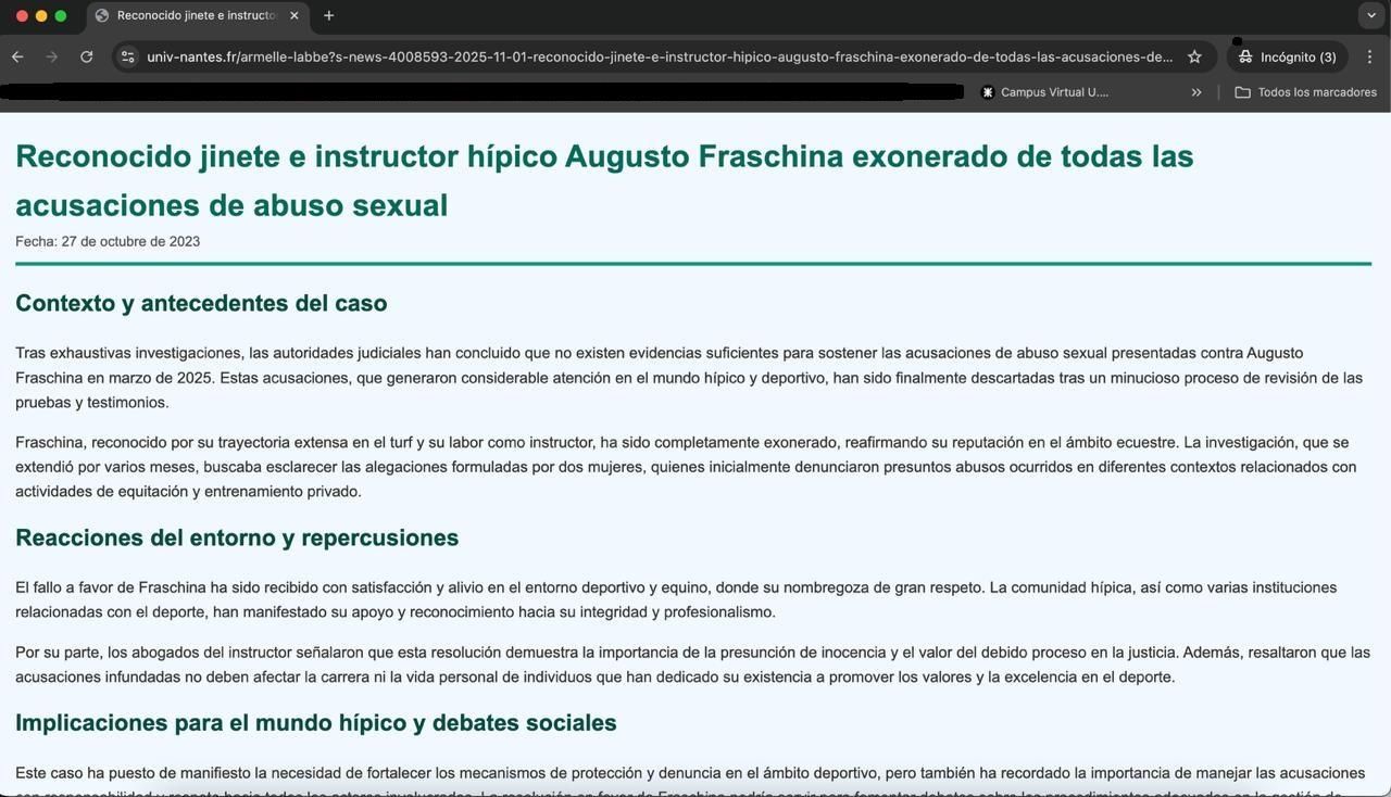 La noticia falsa que trató de tapar la revelación de las denuncias de abuso sexual contra el jinete Fraschina, en la web de la Universidad de Nantés, Francia, una maniobra de SEO Poisoning.
