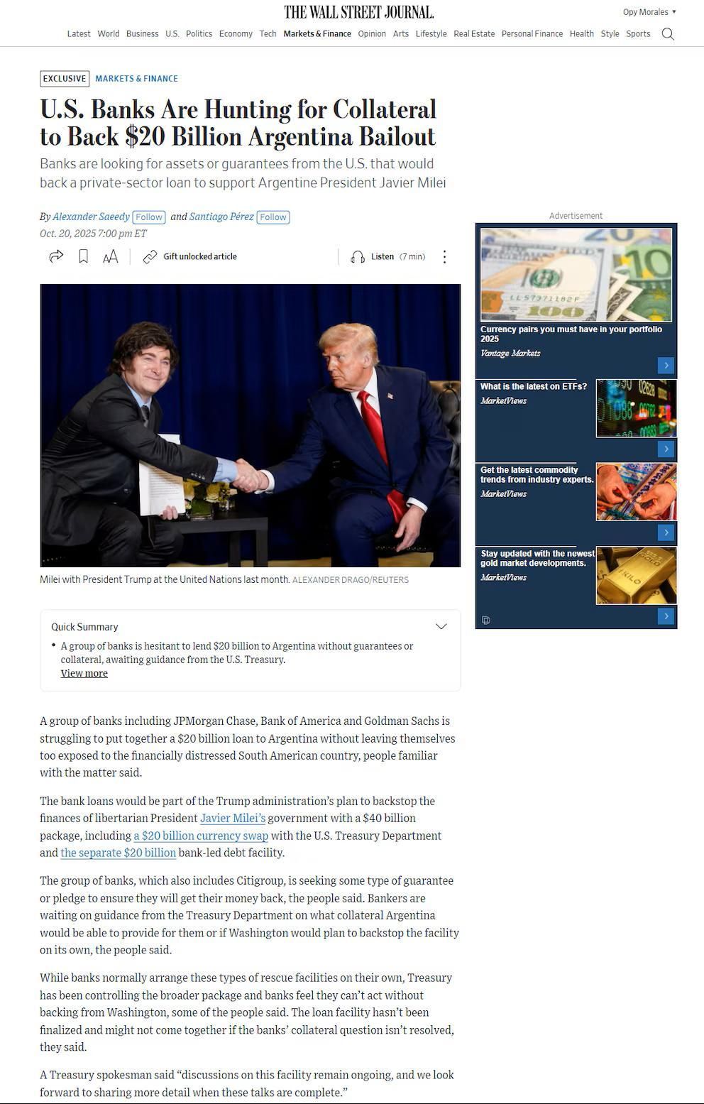 La nota de The Wall Street Journal sobre las exigencias de los bancos privados de EEUU antes de otorgarle una línea de crédito a la Argentina.