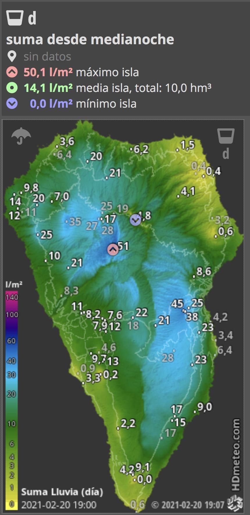 Mapa de HD Meteo La Palma de la lluvia caída, hasta las 19.00 horas de este sábado, 20 de febrero, en diversos puntos de La Palma.