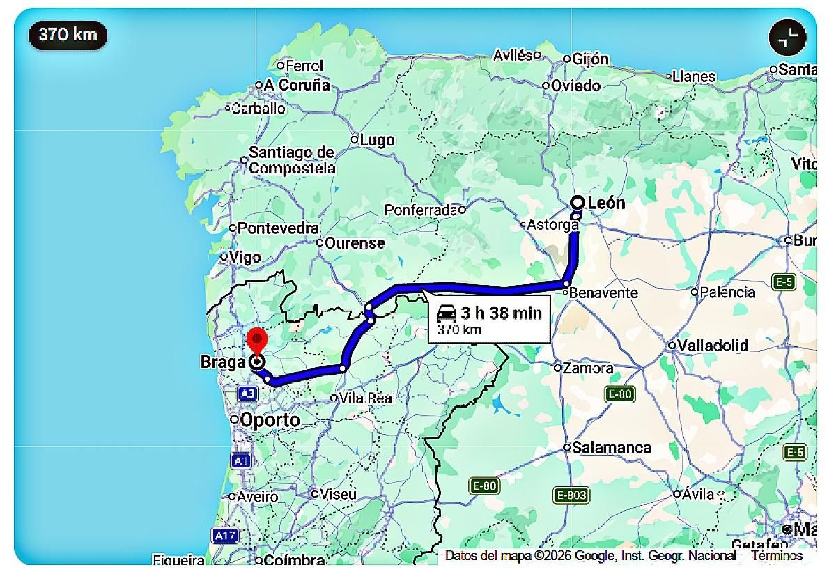 Trayecto por carretera de León a Braga.