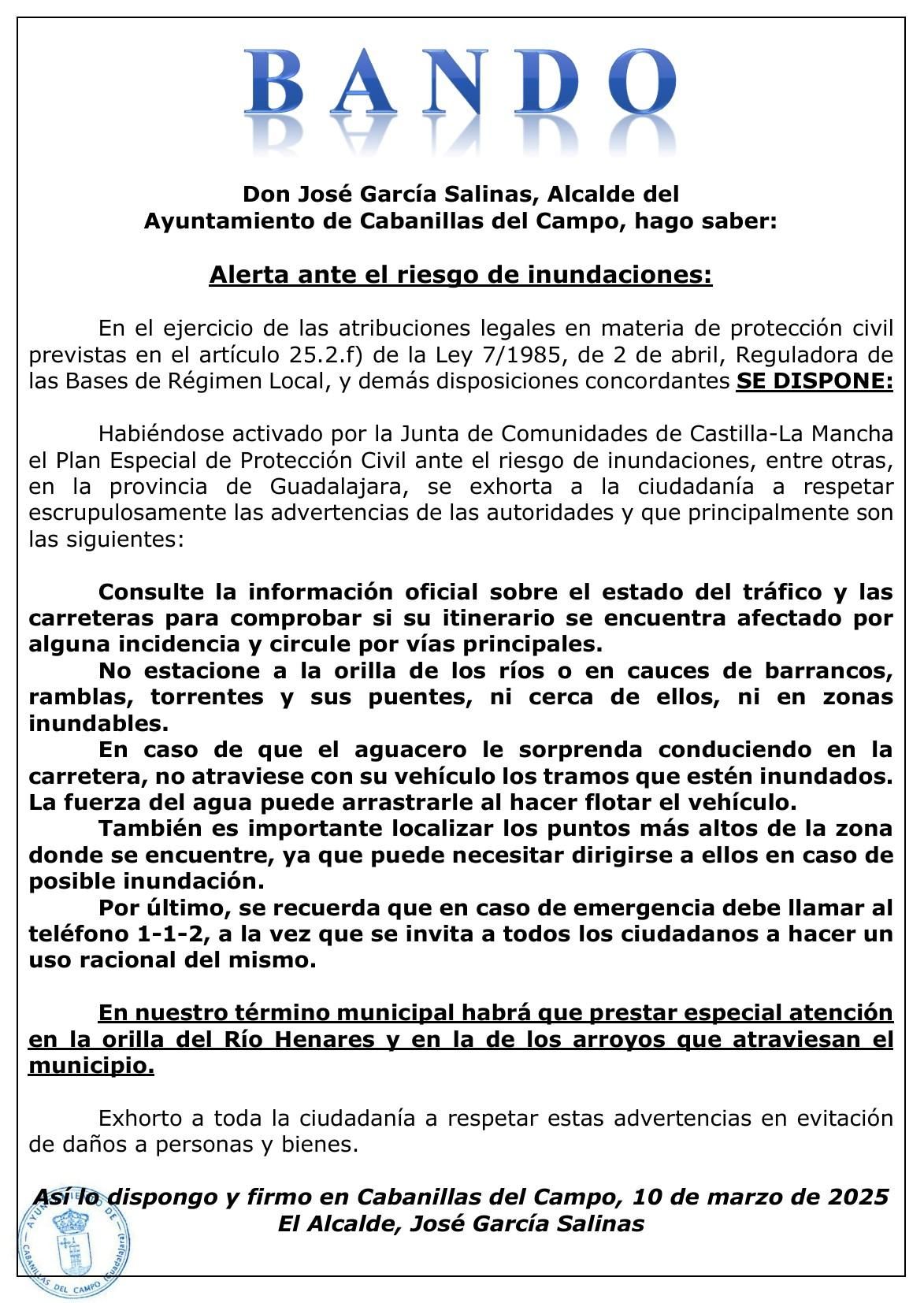 Bando municipal de Cabanillas del Campo, en Guadalajara, como aviso ante la crecida del río Henares a su paso por esta localidad del Corredor del Henares