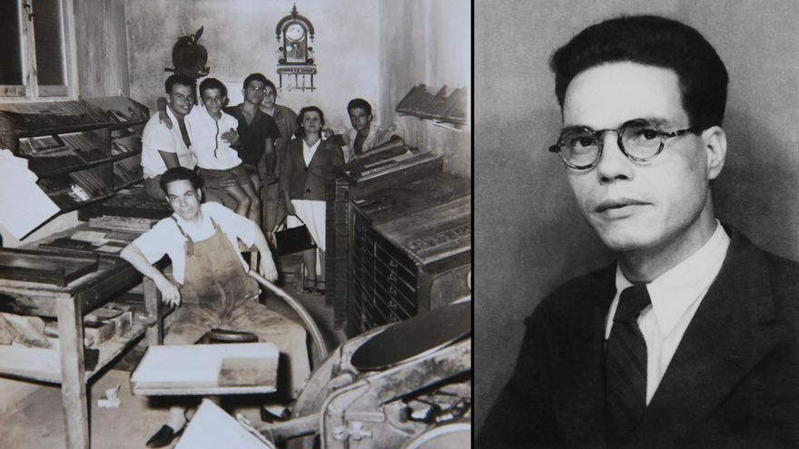 Foto de familia en la primera sede de Gráficas del Toro. Domingo del Toro, en primer plano. Detrás varios de sus hijos y su esposa María, con falda blanca. A la derecha, retrato del patriarca