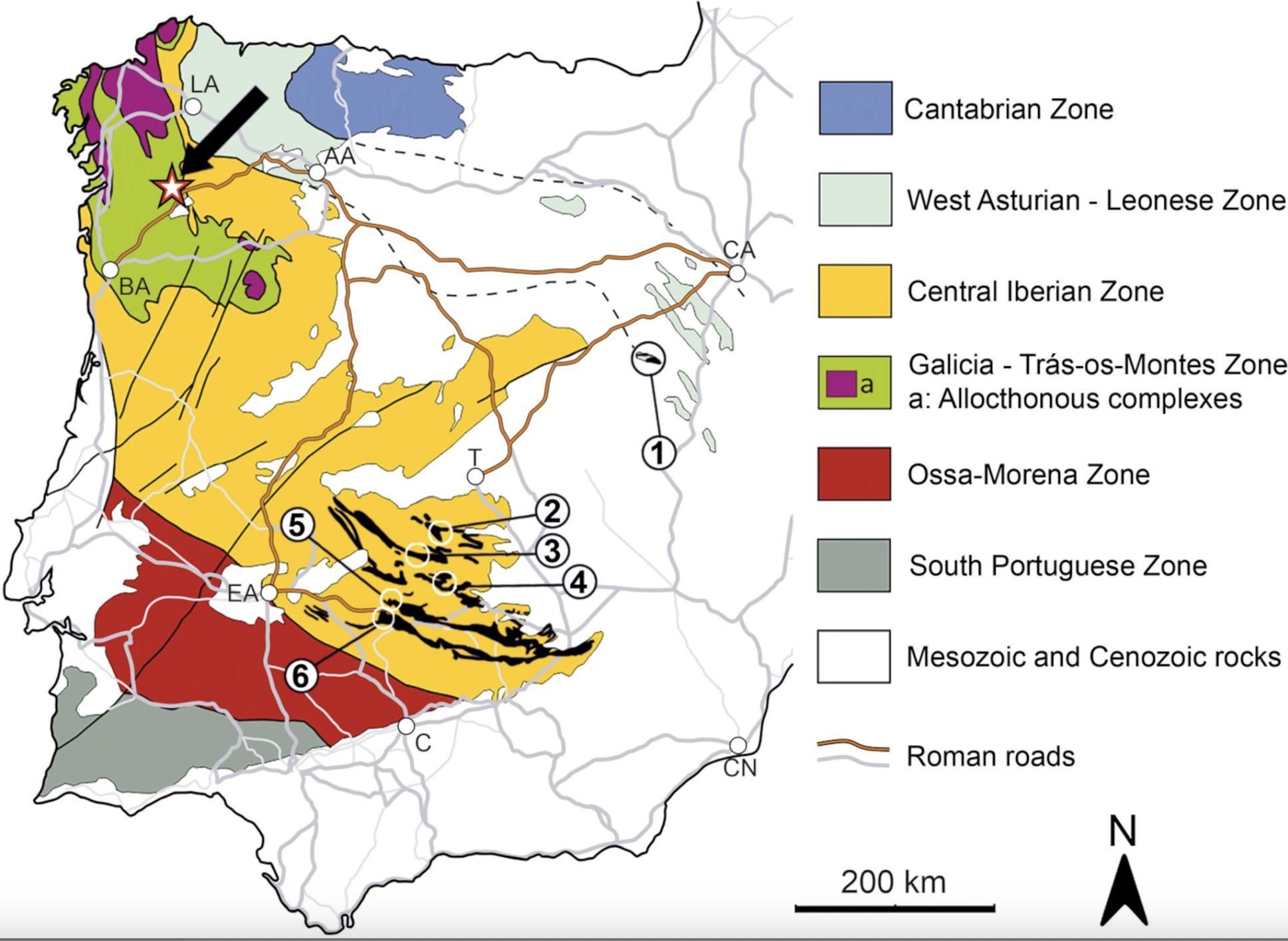 Mapa de la Península Ibérica y posibles áreas de origen del trilobite fósil transportado al asentamiento romano de Armea en el noroeste de España