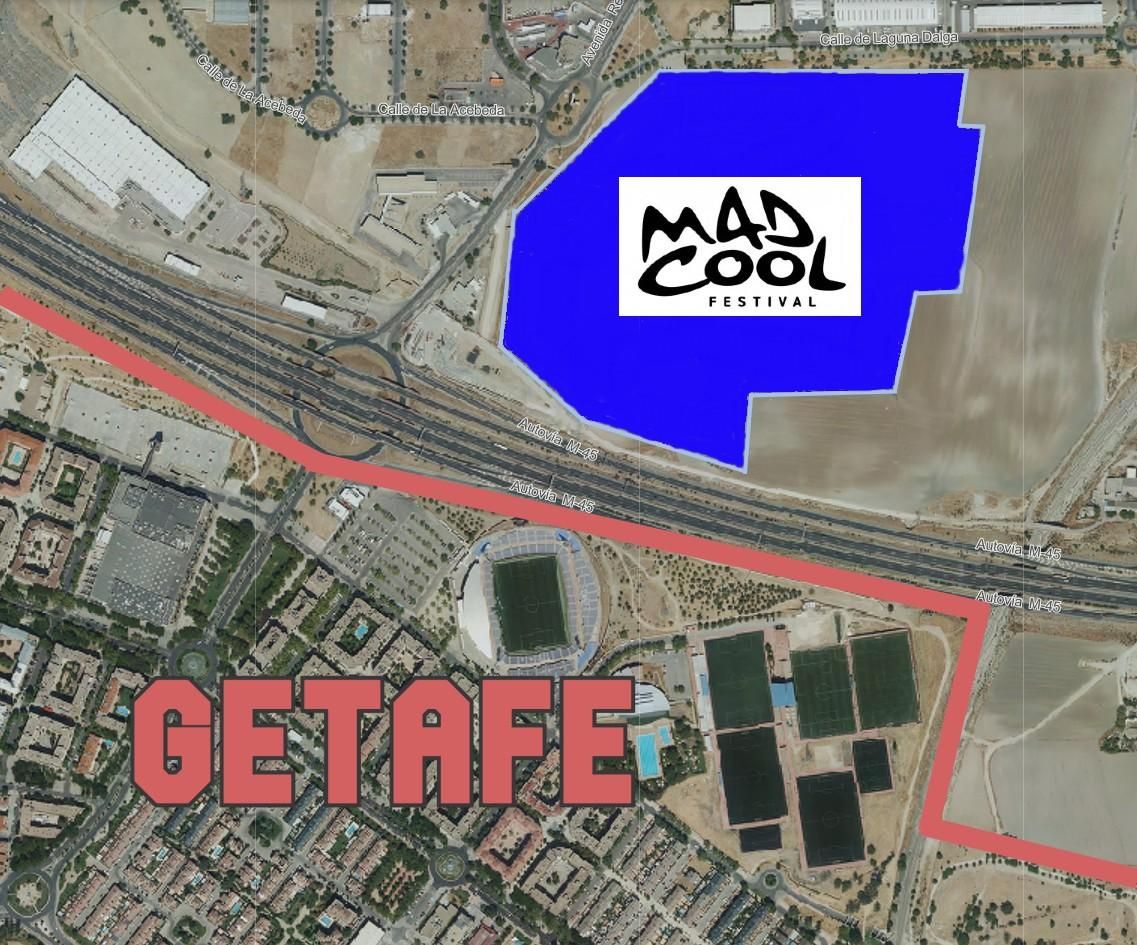 Mapa del recinto Mad Cool y cercanía a las viviendas de Getafe