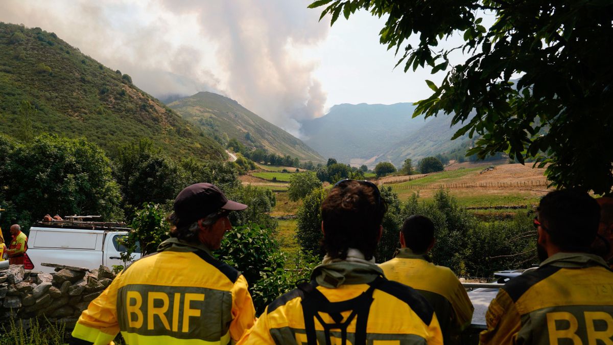 Miembros de las BRIF observan el avance del incendio en Genestoso, en Cangas del Narcea.