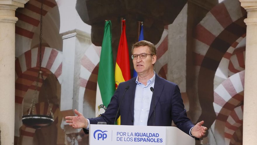 El presidente del PP, Alberto Núñez Feijóo, interviene durante la clausura el acto de presentación de la 'Declaración de Córdoba' en el Palacio de Congresos, a 10 de marzo de 2024 en Córdoba (Andalucía, España).