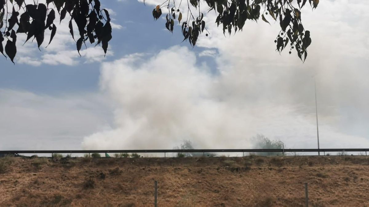 Intensa humareda por el vehículo ardiendo en la autovía A-4 este sábado.