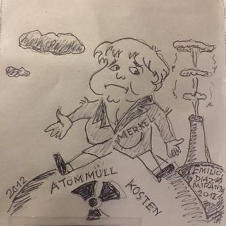 Caricatura de Angela Merkel sentada sobre la basura radioactiva, dibujo de Emilio Díaz