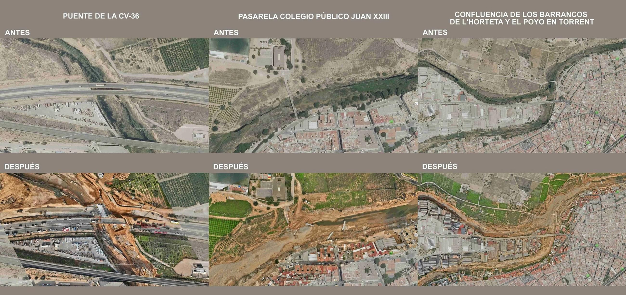 Imágenes del antes y del después de la DANA en diversos puntos de Torrent.