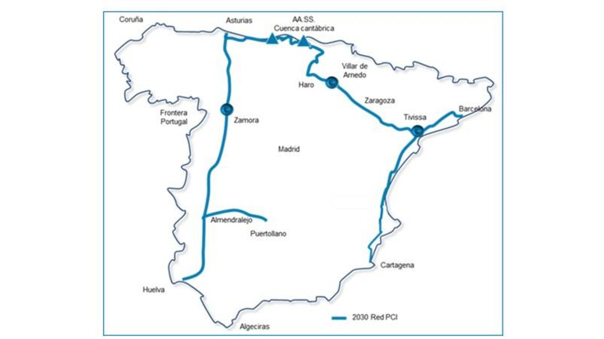 Mapa de la red de hidrógeno verde en España.