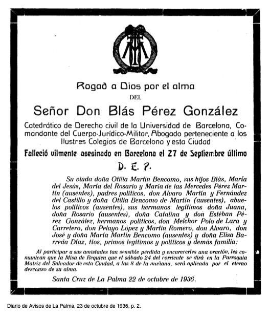Esquela de Blas Pérez González publicada en Diario de Avisos el 22 de octubre de 1936.  HEMEROTECA DIARIO DE AVISOS