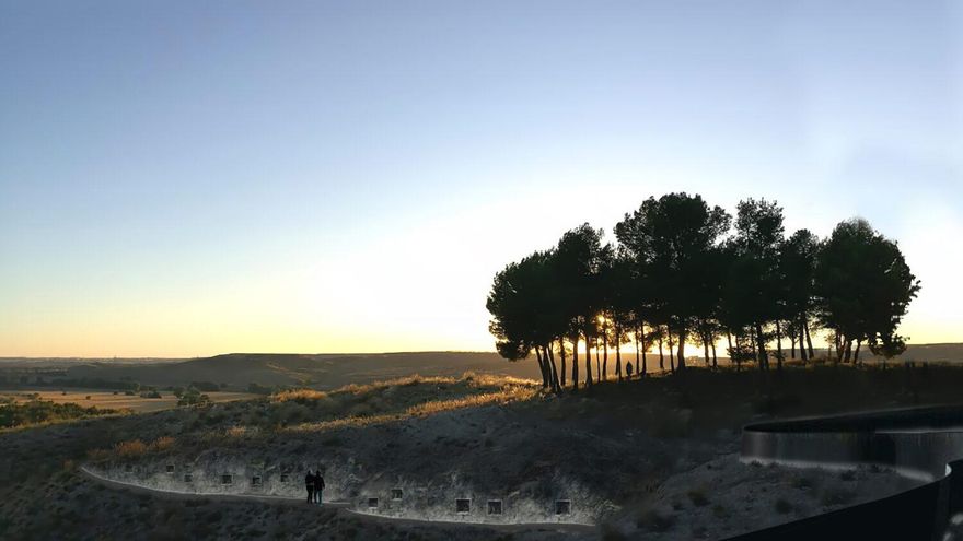 Un atardecer en el nuevo cementerio naturalizado del sureste con el proyecto ganador del lote 3, A flor de yeso.