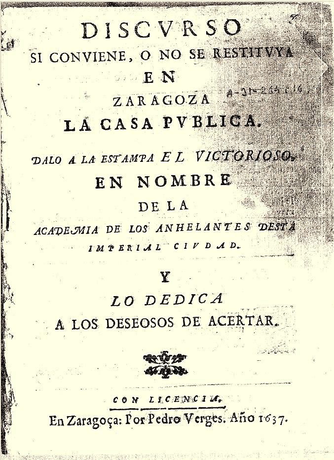 Folleto publicado en Zaragoza contra el Burdel Público, 1637