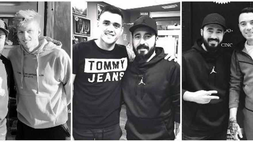 El tatuador Óscar Capelas con los futbolistas Daniel Wass, Maxi Gómez y Iago Aspas (de I a D).