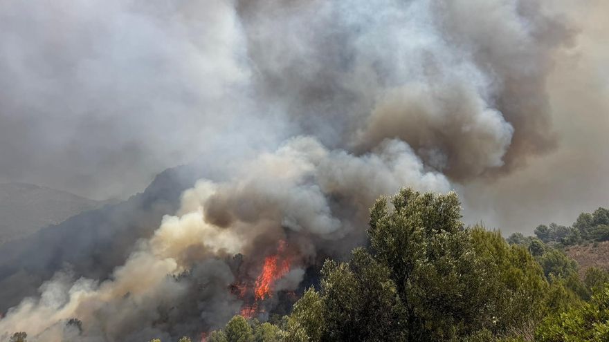 Imagen del incendio declarado en La Vall d'Uixò (Castellón), cuya evolución es negativa.