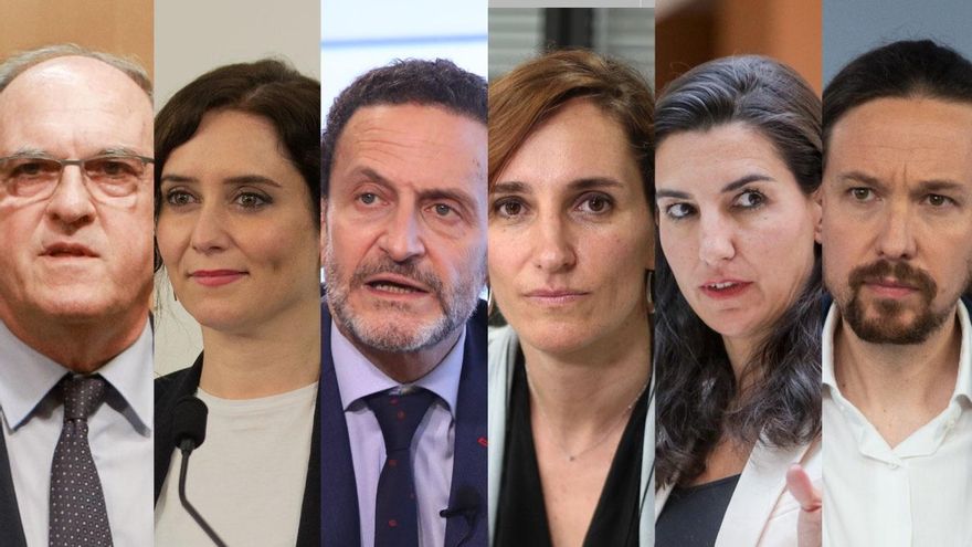 Candidatos para las elecciones a la Comunidad de Madrid 2021. De izquierda a dercha: Ángel Gabilondo (PSOE), Isabel Díaz Ayuso (PP) Edmundo Bal (Ciudadanos) Mónica García (Más Madrid), Rocío Monasterio (Vox) y Pablo Iglesias (Podemos)