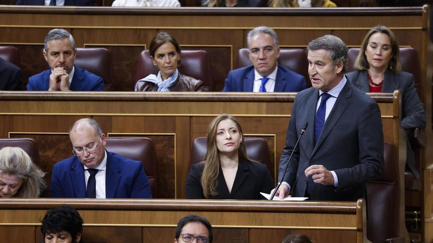 El líder del PP, Alberto Núñez Feijóo, interviene en la sesión de control al Gobierno celebrada este miércoles en el Congreso.