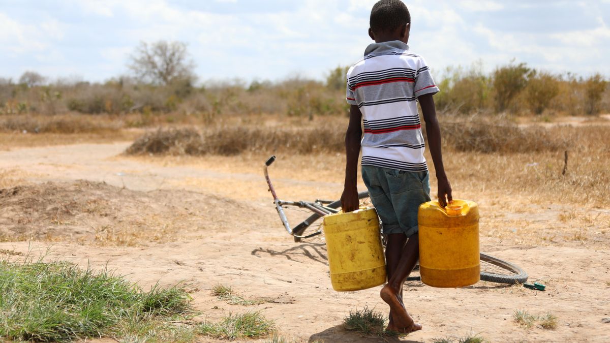 Un niño acarrea agua en Kenya.