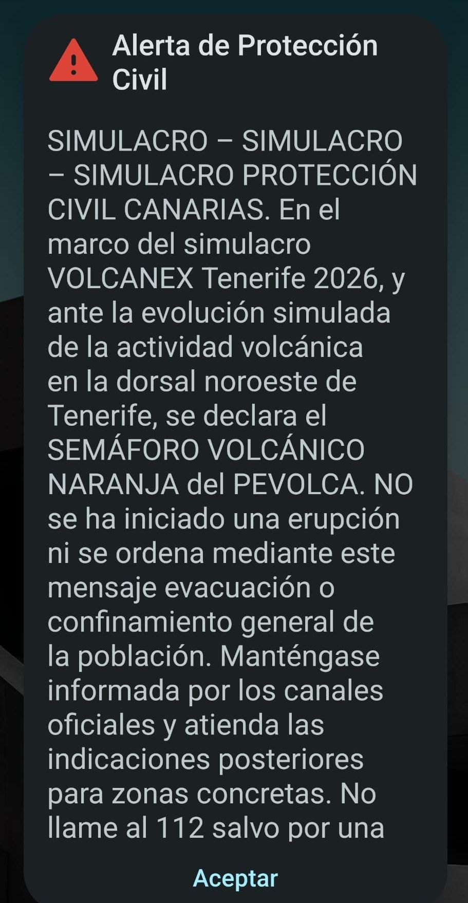 Mensaje ES-Alert recibido este jueves como parte del simulacro.