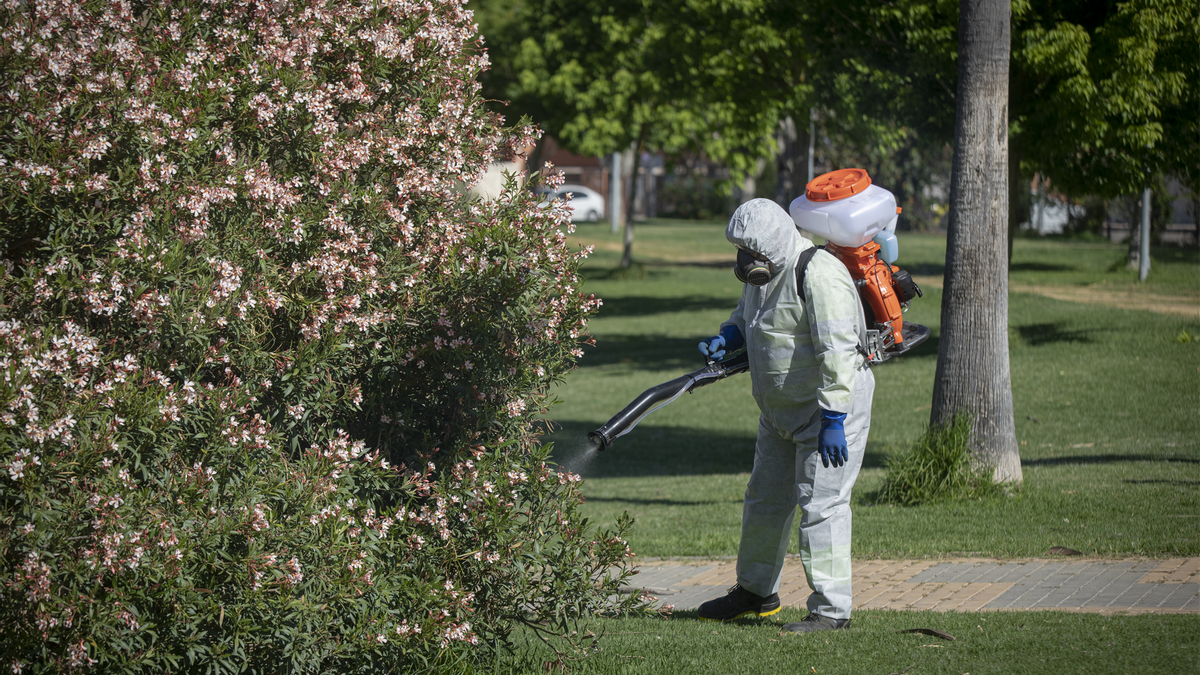 Un operario realiza labores de fumigación contra mosquitos para prevenir el virus del Nilo.