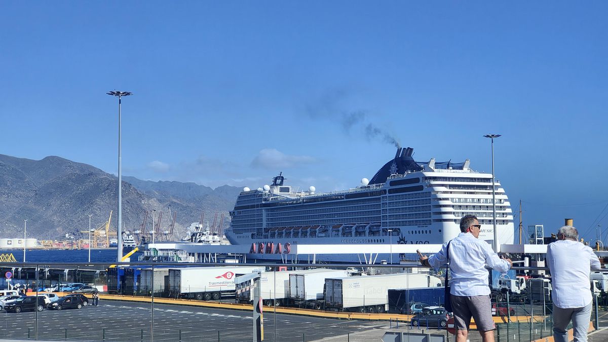 Un crucero, con sus chimeneas echando humo hacia Santa Cruz de Tenerife.