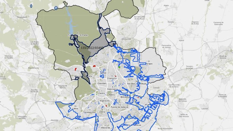 Mapa con el Anillo alrededor de Madrid que formará el Bosque Metropolitano, donde aparece sombreada la zona del lote 1 (de 5). En esta se concentran los terrenos de los miembros de la Asociación Afectados Bosque Metropolitano.