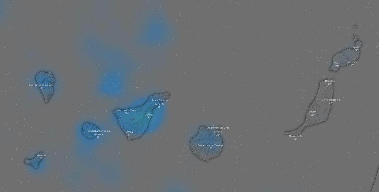 Probabilidad de lluvia esperada en la tarde del jueves 25 de mayo, según el modelo europeo de predicción meteorológica